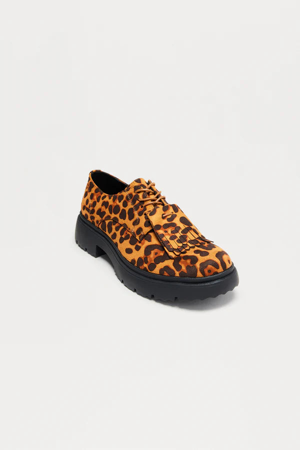 Faux Suede Leopard Chunky Lace Up Shoes by Novamen - Tan/Multi - Size 9