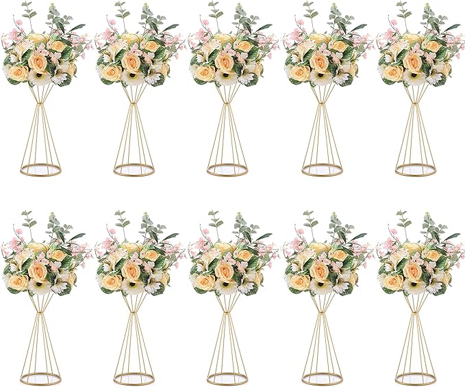 NUPTIO 10 Pcs Metal Flower Trumpet 19.7 inches/ 50cm Height Vase Wedding Centerpiece Vase Table Decoration for Wedding/Anniversary (GOLD)