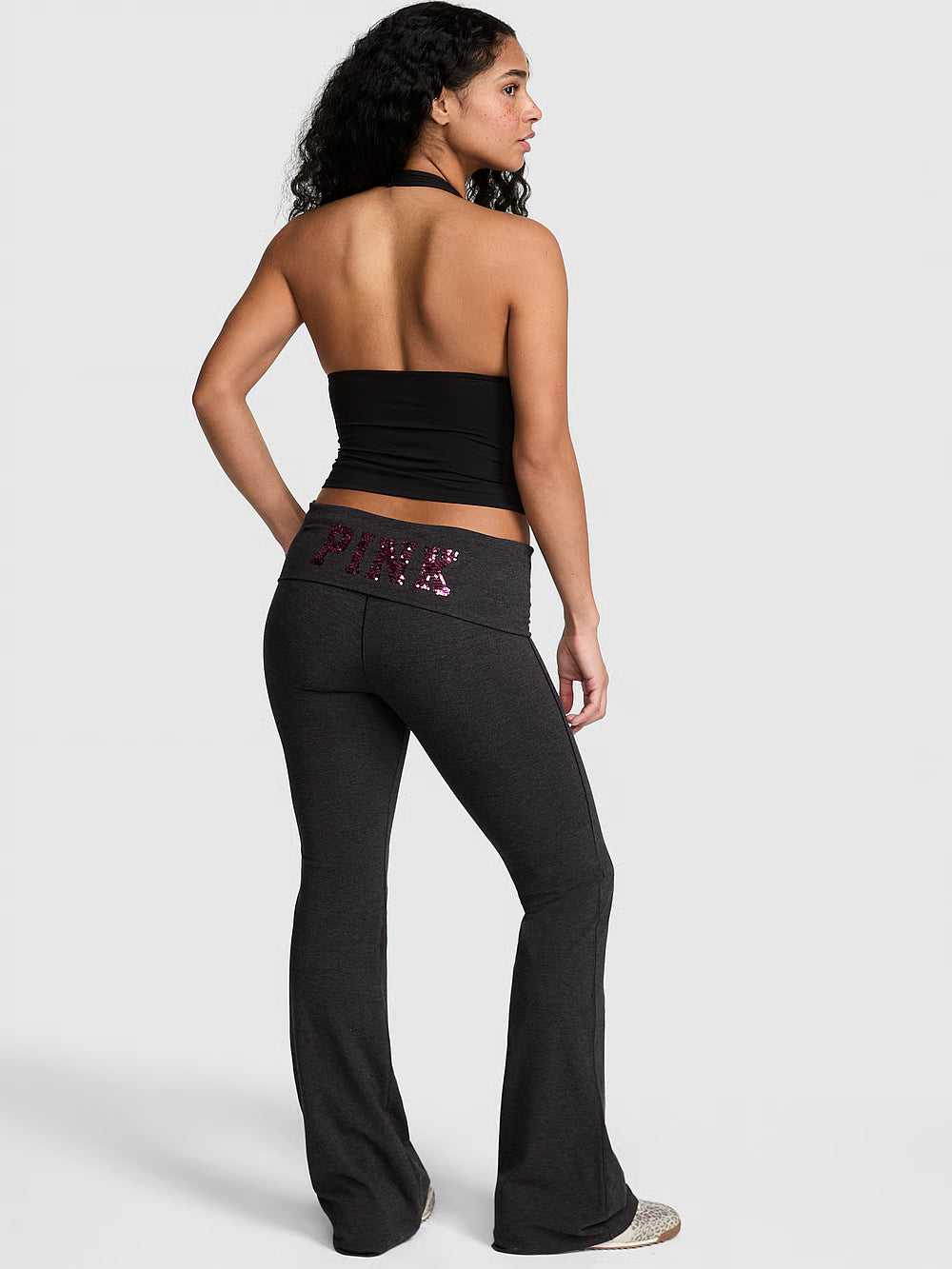 PINK All-Day Cotton Foldover Flare Leggings, Heather Bling - Large