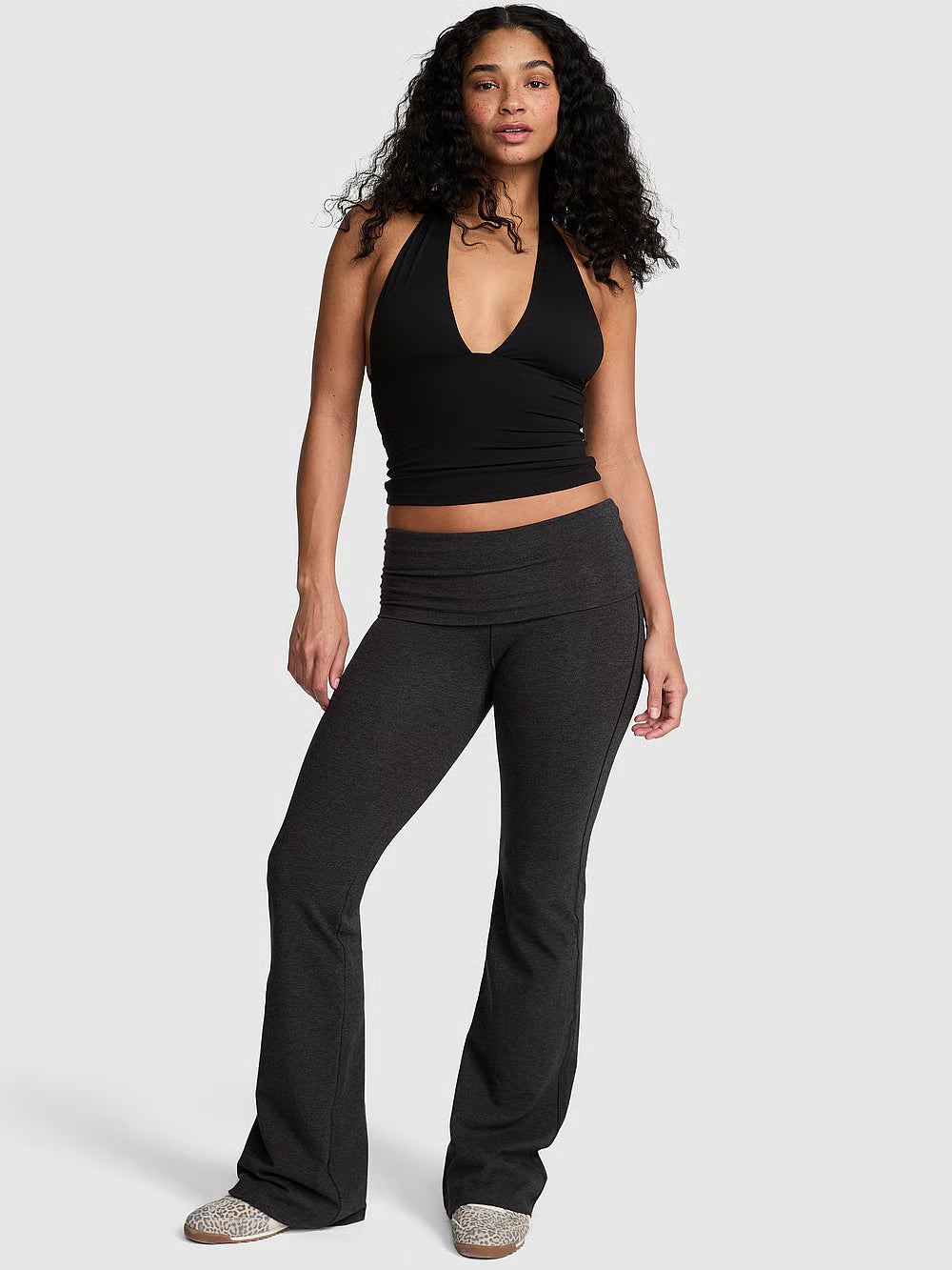 PINK All-Day Cotton Foldover Flare Leggings, Heather Bling - XL