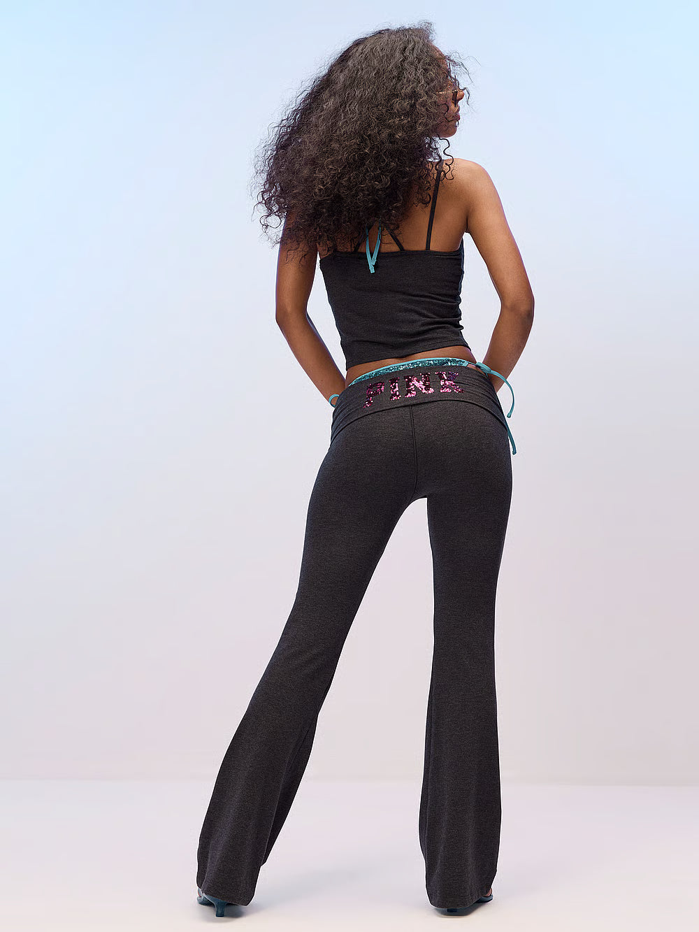 PINK All-Day Cotton Foldover Flare Leggings, Heather Bling - Large