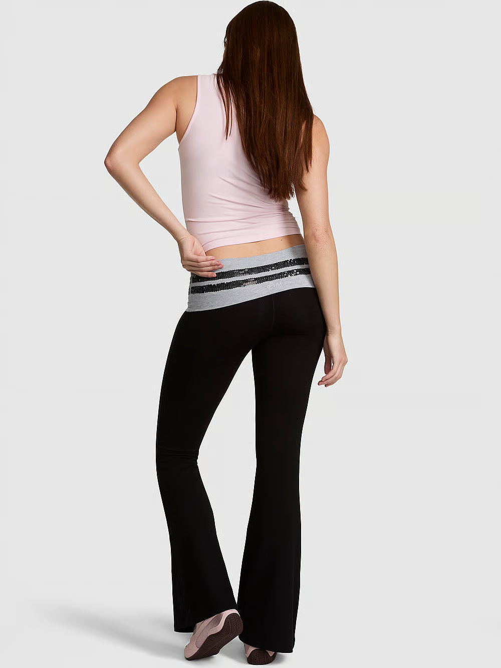PINK All-Day Cotton Foldover Flare Leggings, Pure Black - XS
