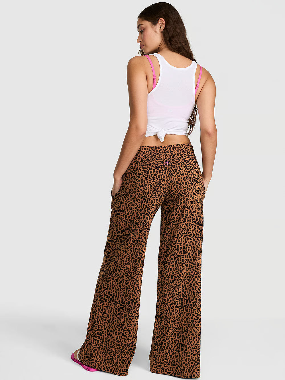PINK All-Day Cotton Foldover Wide-Leg Pants, Leopard - Medium