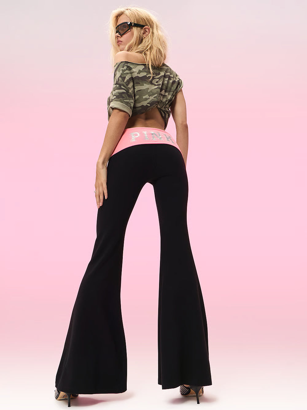 PINK All-Day Cotton Foldover Super Flare Leggings, Pure Black And Pink Skies With Bling - Large