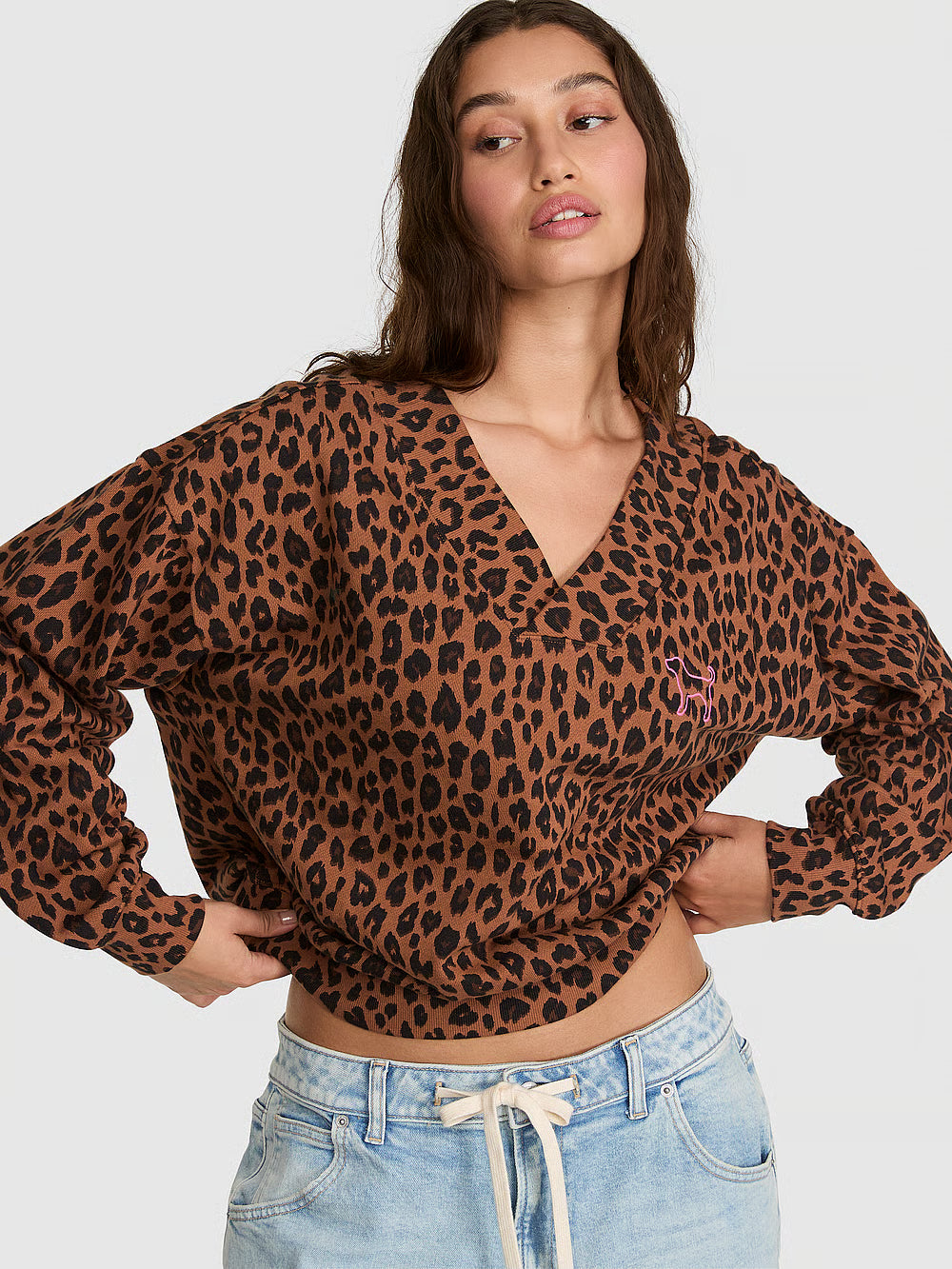 PINK Campus Fleece V-Neck Sweatshirt, Leopard - Medium