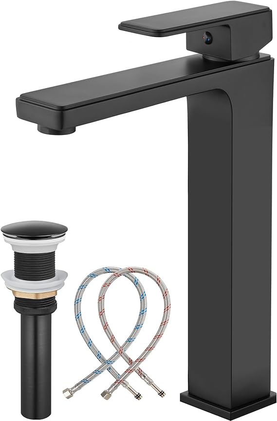 Bathroom Vessel Tall Sink Faucet with Pop Up Drain - Matte Black