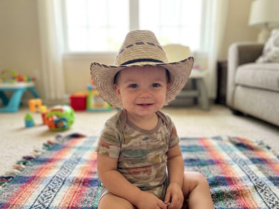 SOM-PAL Hats Valdez Kids - Baby/Small Toddler Cowboy Hat in Natural Palm With Black Woven Brim - Mexican Size 44
