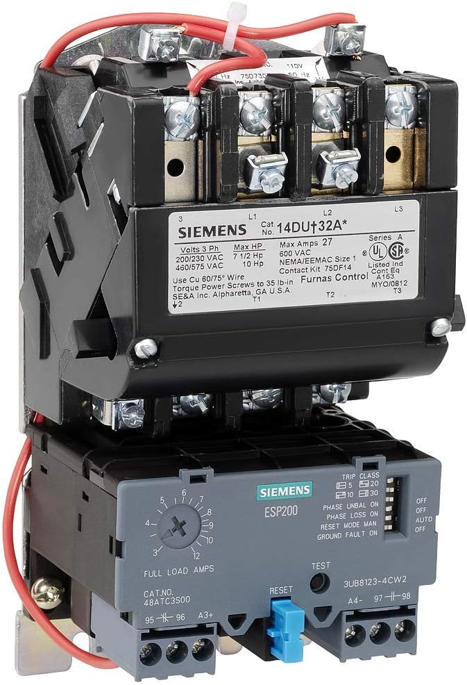 Siemens 14DUD32AA Heavy Duty Motor Starter, Solid State Overload, Auto/Manual Reset, Open Type, Standard Width Enclosure, 3 Phase, 3 Pole, 1 NEMA Size, 5.5-22A Amp Range, A1 Frame Size, 110-120/220-240 at 60Hz Coil Voltage , Black