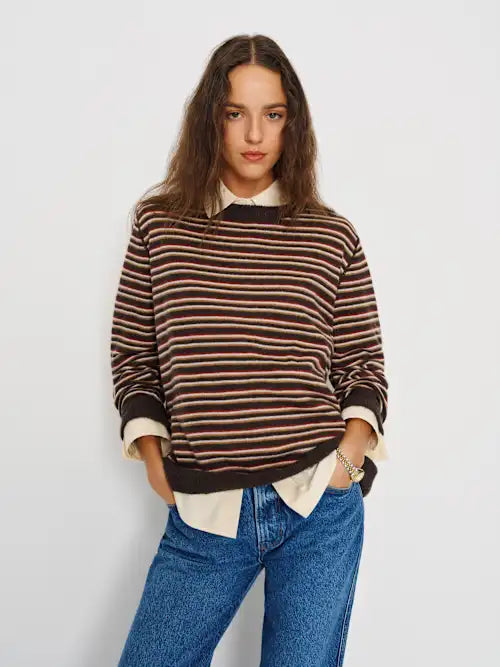 Cashmere Boyfriend Sweater by Reformation - Compost Multi Stripe - Size Small