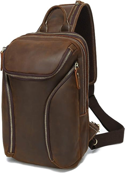 LANNSYNE Vintage Full Grain Leather Sling Chest Bag For Men Motorcycle Travel Hiking Daypack fits 11" iPad