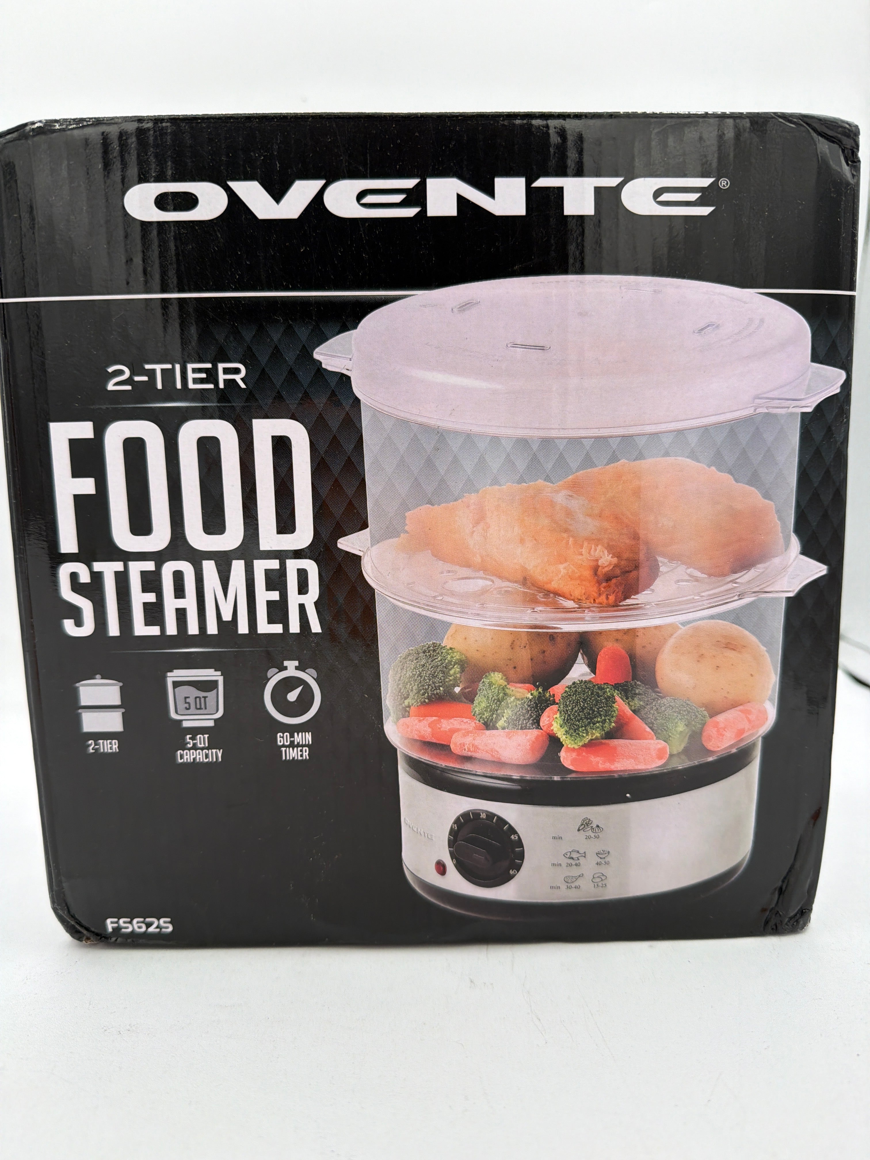 OVENTE 2-Tier Electric Food Steamer, 5 Quart Stainless Steel Stackable Steam Cooker with 400W Power, 60-Minute Timer & Auto Shut-Off