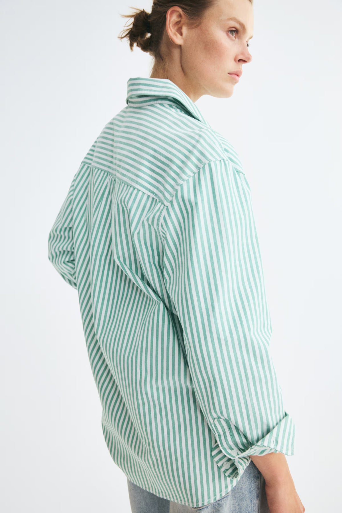 H&M Women's Oxford Shirt - Green/White Striped - US Small