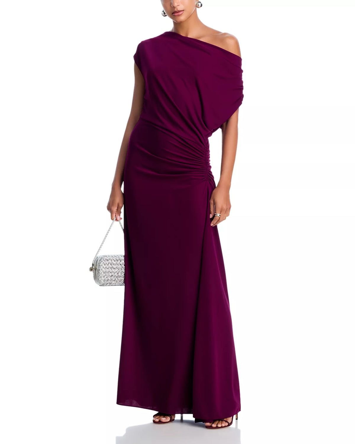 *AQUA Off-the-Shoulder Ruched Jersey Gown, Burgundy, Women's Sz 8
