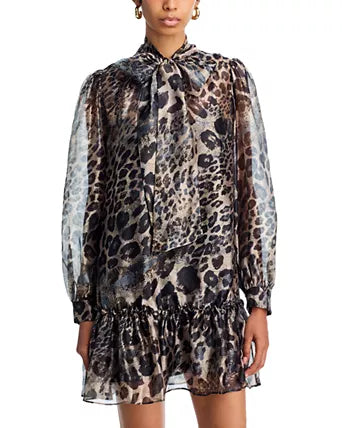 AQUA Leopard Tie Neck Long Sleeve Drop Waist Dress - Exclusive Size: M