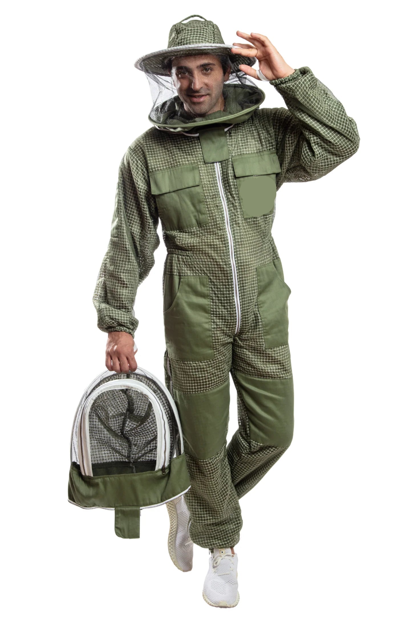 Beekeeper's Suit with Ventilated Round Veil & Fencing Veil and Gloves| Olive Green | XXL