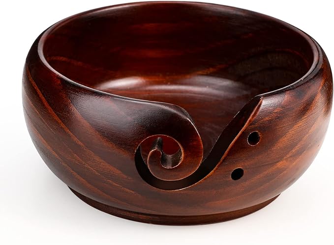 LOOEN Wooden Yarn Bowl Holder Rosewood,Knitting Wool Storage Basket Round with Holes Handmade Craft Crochet Kit Organizer Perfect for Mother's Day(Wine Red)