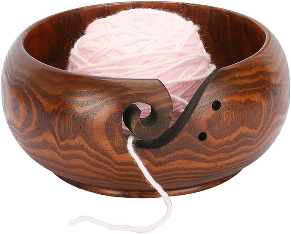 LOOEN Wooden Yarn Bowl Holder Rosewood,Knitting Wool Storage Basket Round with Holes Handmade Craft Crochet Kit Organizer Perfect for Mother's Day(Wine Red)