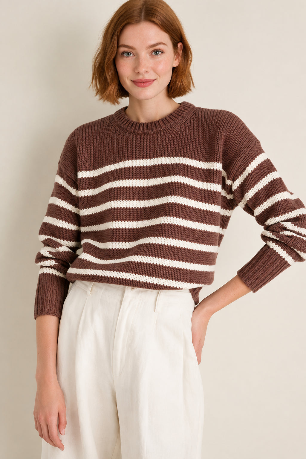 Tuckernuck Mocha and Ivory Stripe Cotton Cliff Crewneck X Small