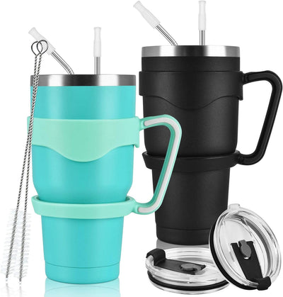 2 Pack Insulated Travel Tumblers for Home School Office Camping, Stainless Steel Double Wall Vacuum Travel Tumbler with 2 Handles, 2 Lids, 4 Straws, 2 Straw Brushes, 1 Cup Brush (30oz, Black & Mint)