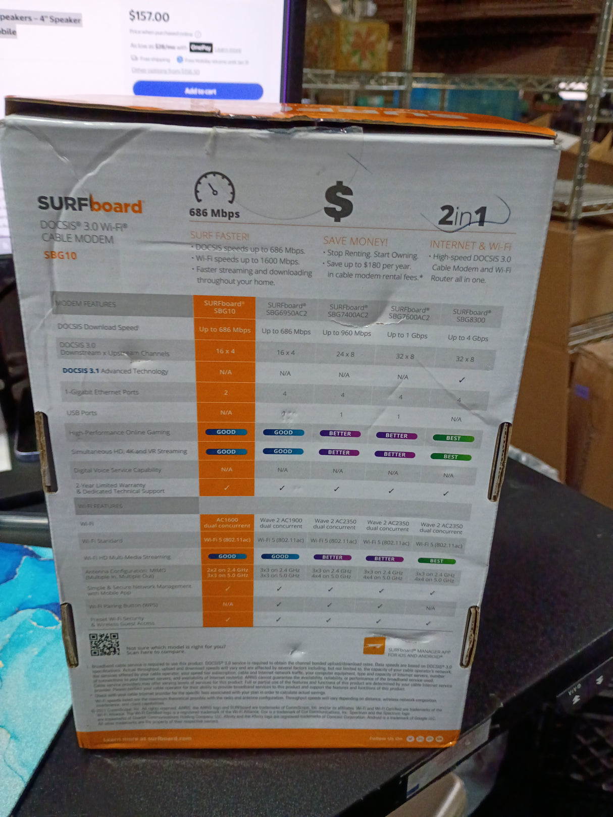 ARRIS (SBG10) - Cable Modem Router Combo - DOCSIS 3.0 16 x 4 Gigabit & AC1600 WiFi, For Comcast Xfinity, Cox, check with ISP for compatibility [Not for Spectrum] 400 Mbps Max Internet Speeds