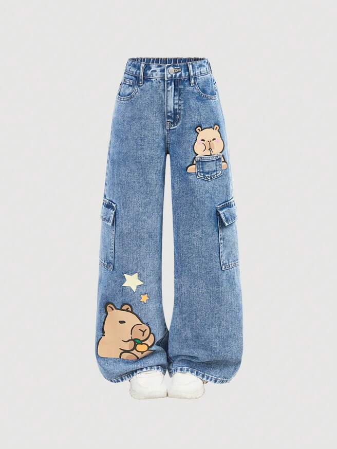 Girl's Capybara Cartoon Print Denim Jeans by Shein - Blue - Size 5Y