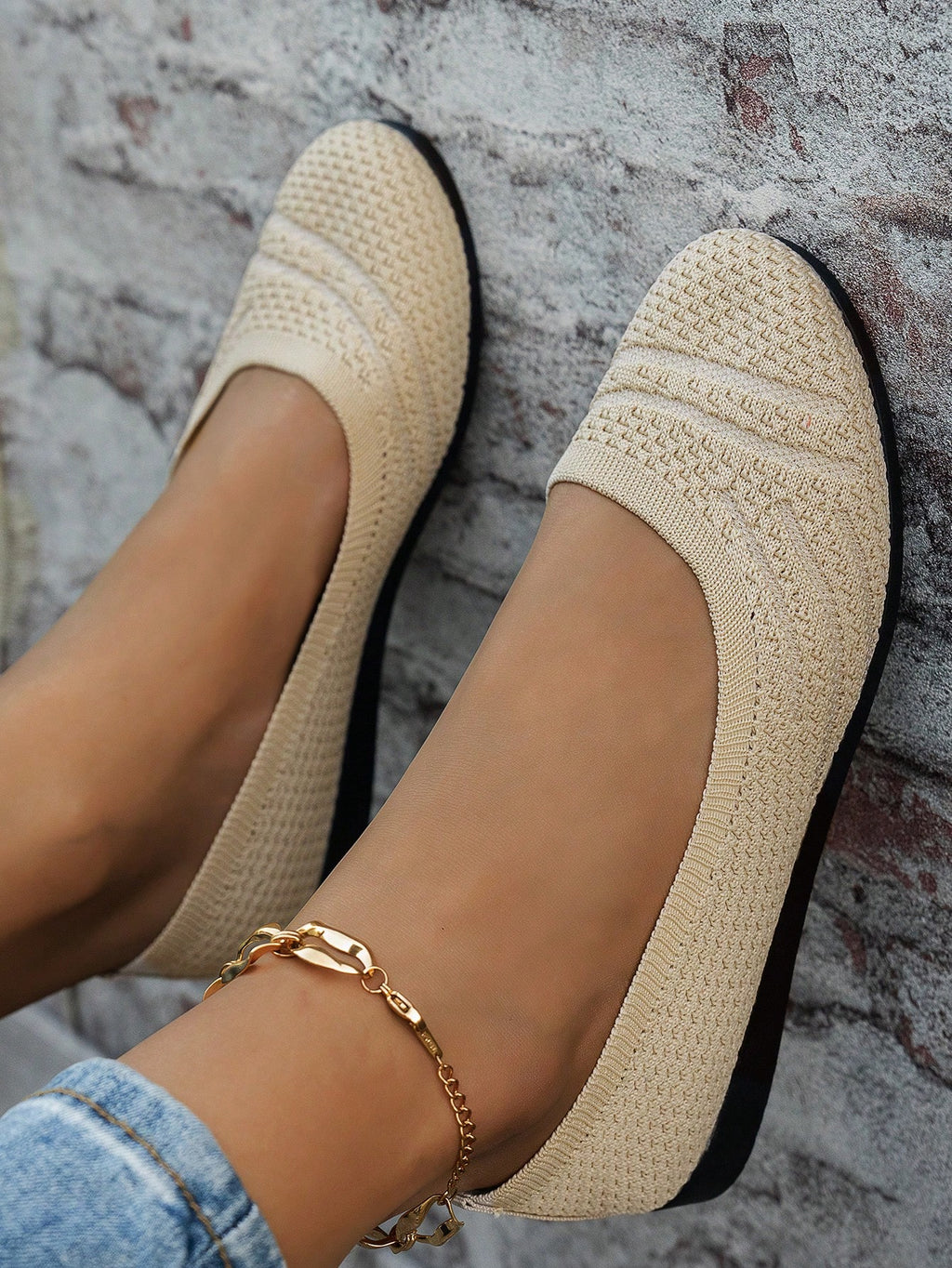 Women's Beige Knitted Ballet Flats, Round Toe, CN 41 / US 9