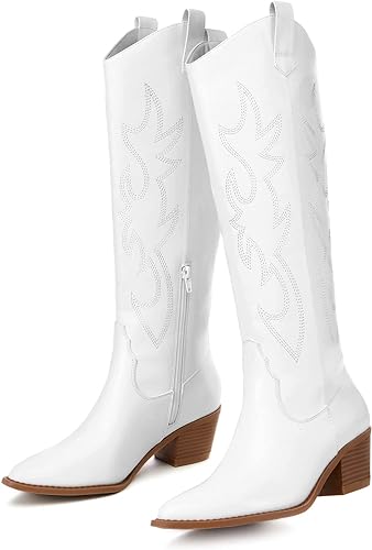 Women's Western Embroidered Cowboy Boots Pointed Toe Chunky Heel Pull On Knee High Boots