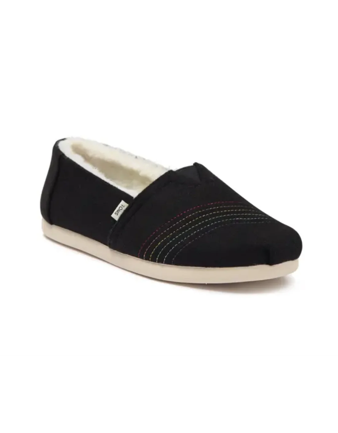 Toms Alpargata Slipper - Black Two Tone Felt/Rainbow Embroidery/Faux Fur - Size 6.5