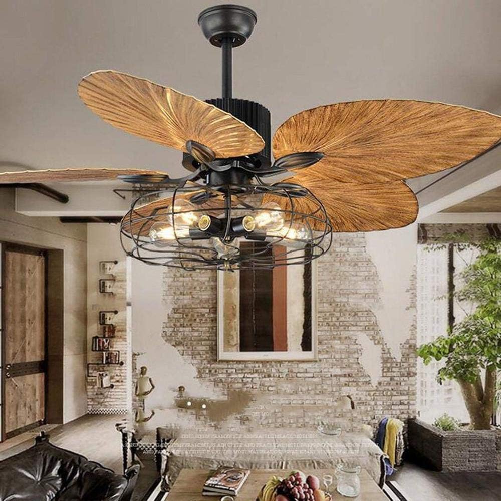 ANFERSONLIGHT Industrial Cage Ceiling Fan - 52-Inch with 5 Lights, Remote Control, Palm Blades, and Black Finish - Quiet and Vintage Tropical Style Indoor Chandelier Fan