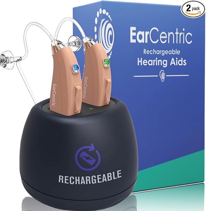 EarCentric EasyCharge2 Hearing Aid (Set of 2), Advanced Rechargeable Behind-The-Ear (BTE) Ear Aid for Seniors (NEW)