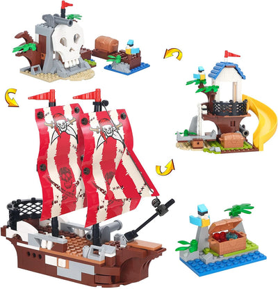 3in1 Pirate Ship Building Set with Treasure Island, Toy Pirates Island Building Kit, Outpost with Slide and Seesaw, Creative Playset Pirates Themed Gifts for Boys Ages 6 Years and up, 260 Pcs