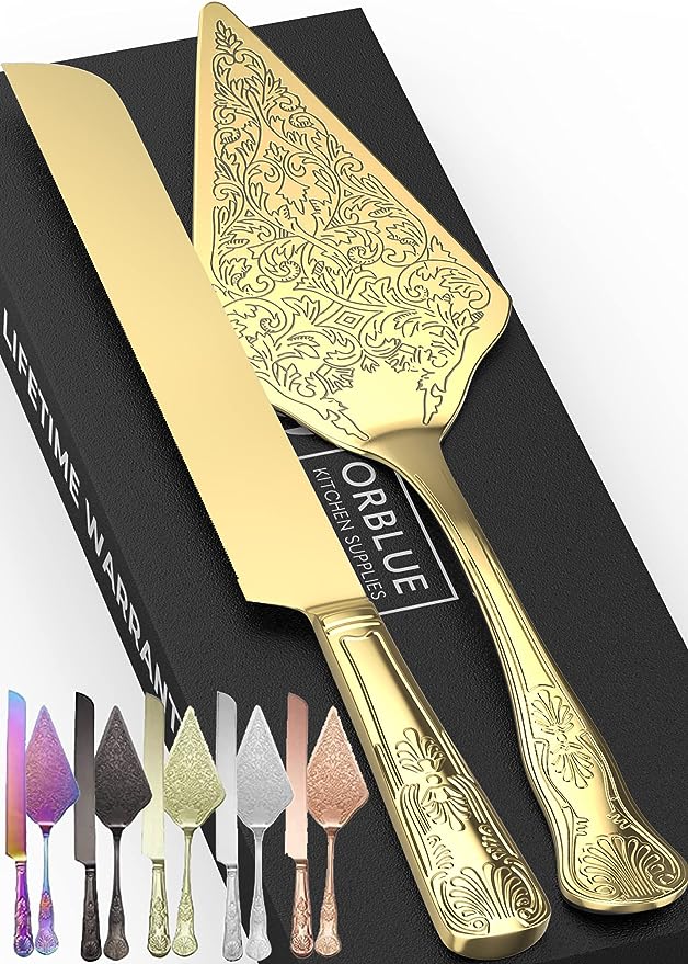 Orblue Wedding Cake Knife and Server Set - Premium, Beautifully Engraved Cutting Set - Elegant Keepsake for Newlyweds Gold