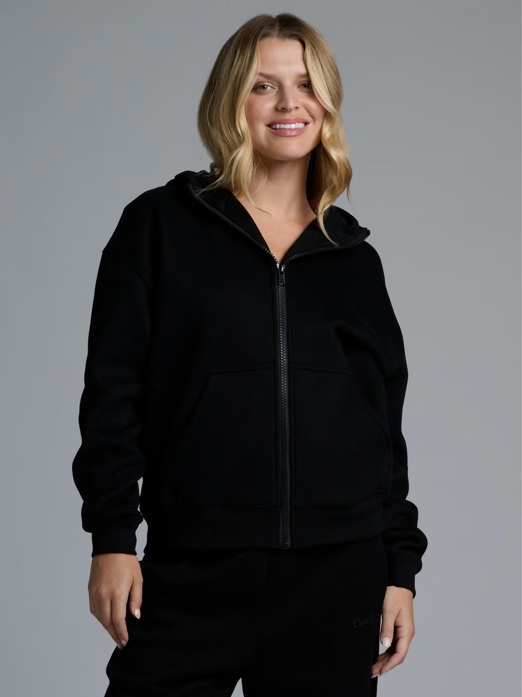 Comfrt-Basic Crop Zip Hoodie, Black-S