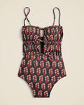 J. Crew (4) One Piece- Removeable Straps- Tie Front- Green Background with Red Orange and White Flowers