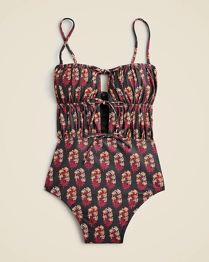 J. Crew (4) One Piece- Removeable Straps- Tie Front- Green Background with Red Orange and White Flowers