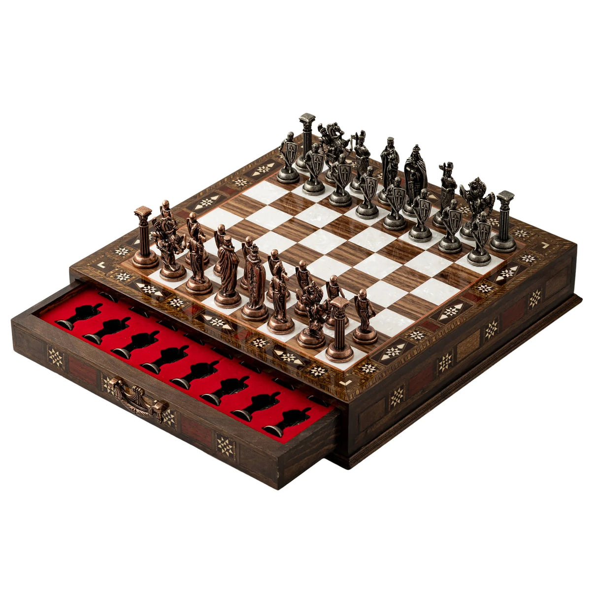 12" Luxury Handmade Wooden Chess Set with Storage – British Metal Pieces