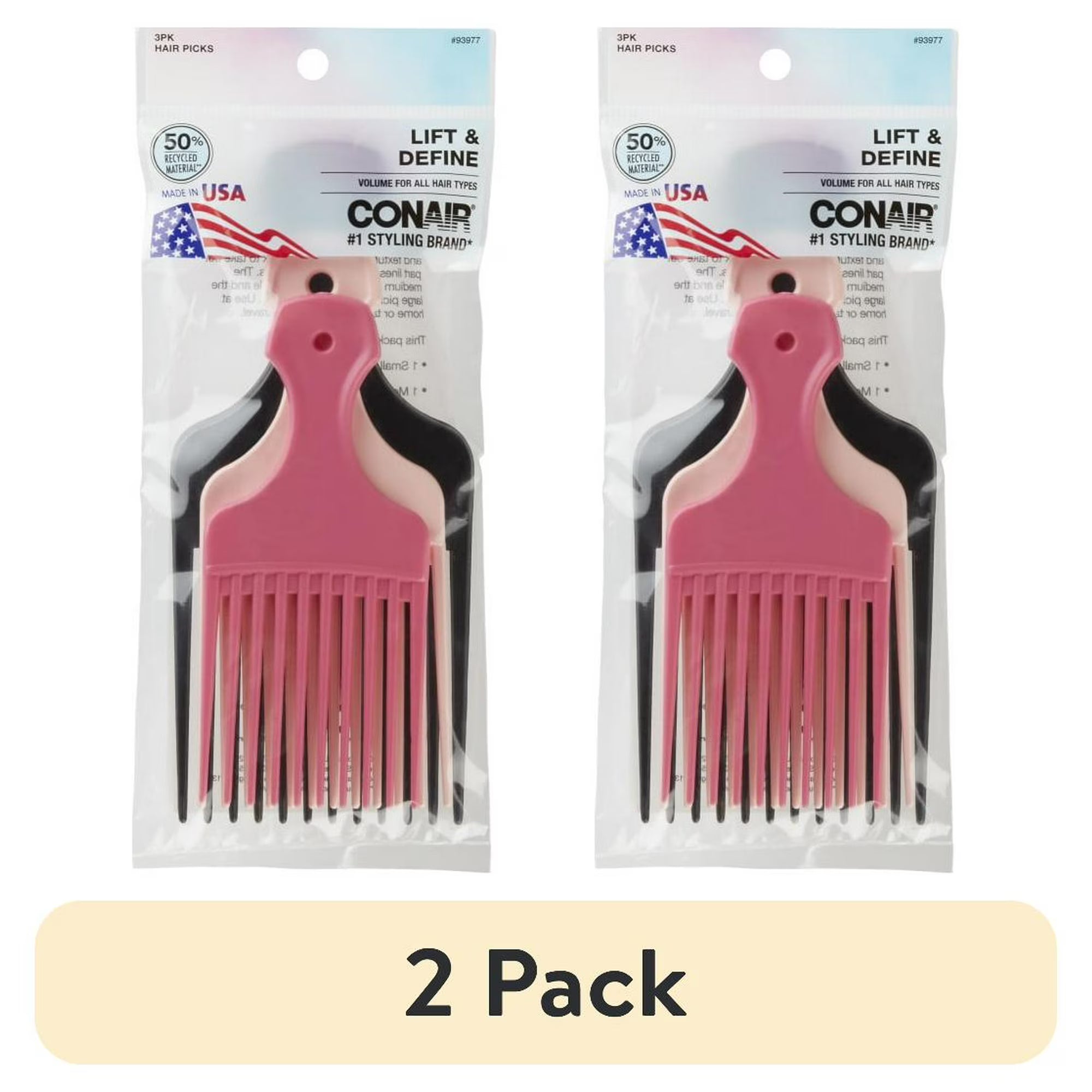 Conair Lift & Define Detangling Hair Pick Combs, with Small, Medium, Large (2 pk, 3 ea)