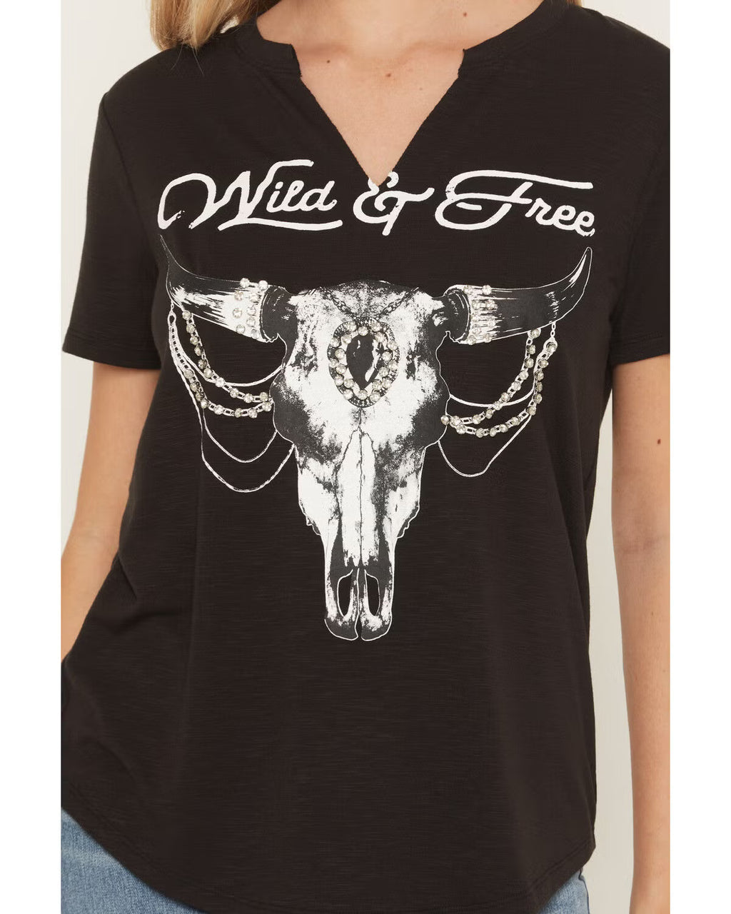 Blended Women's Steer Head Rhinestone Short Sleeve Graphic Tee, Black - Medium