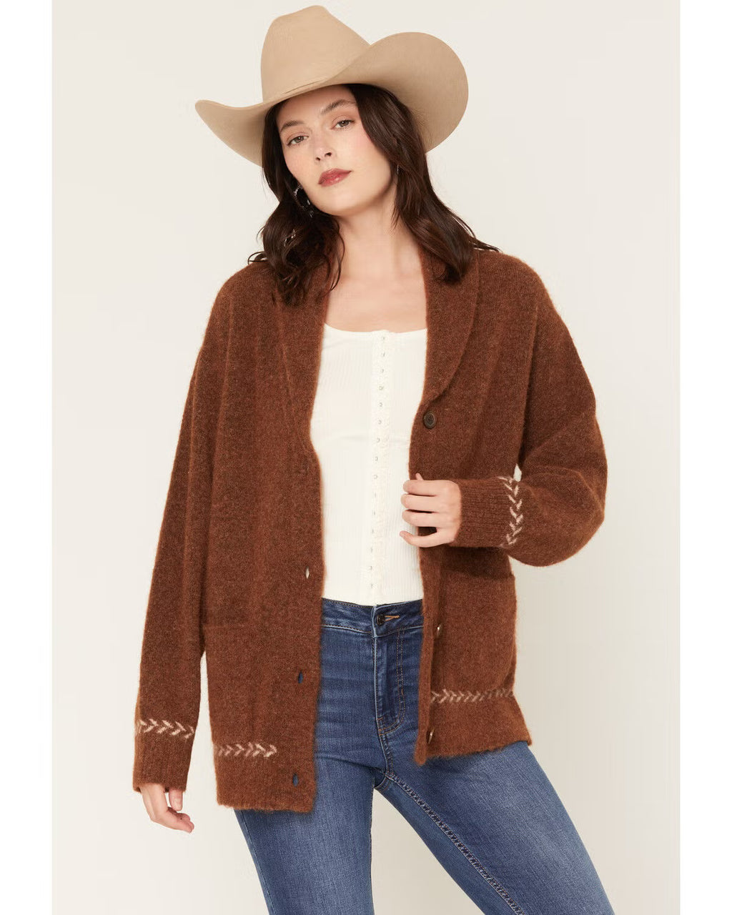Shyanne Women's Remington Horse Icon Cardigan, Brown, 2XL