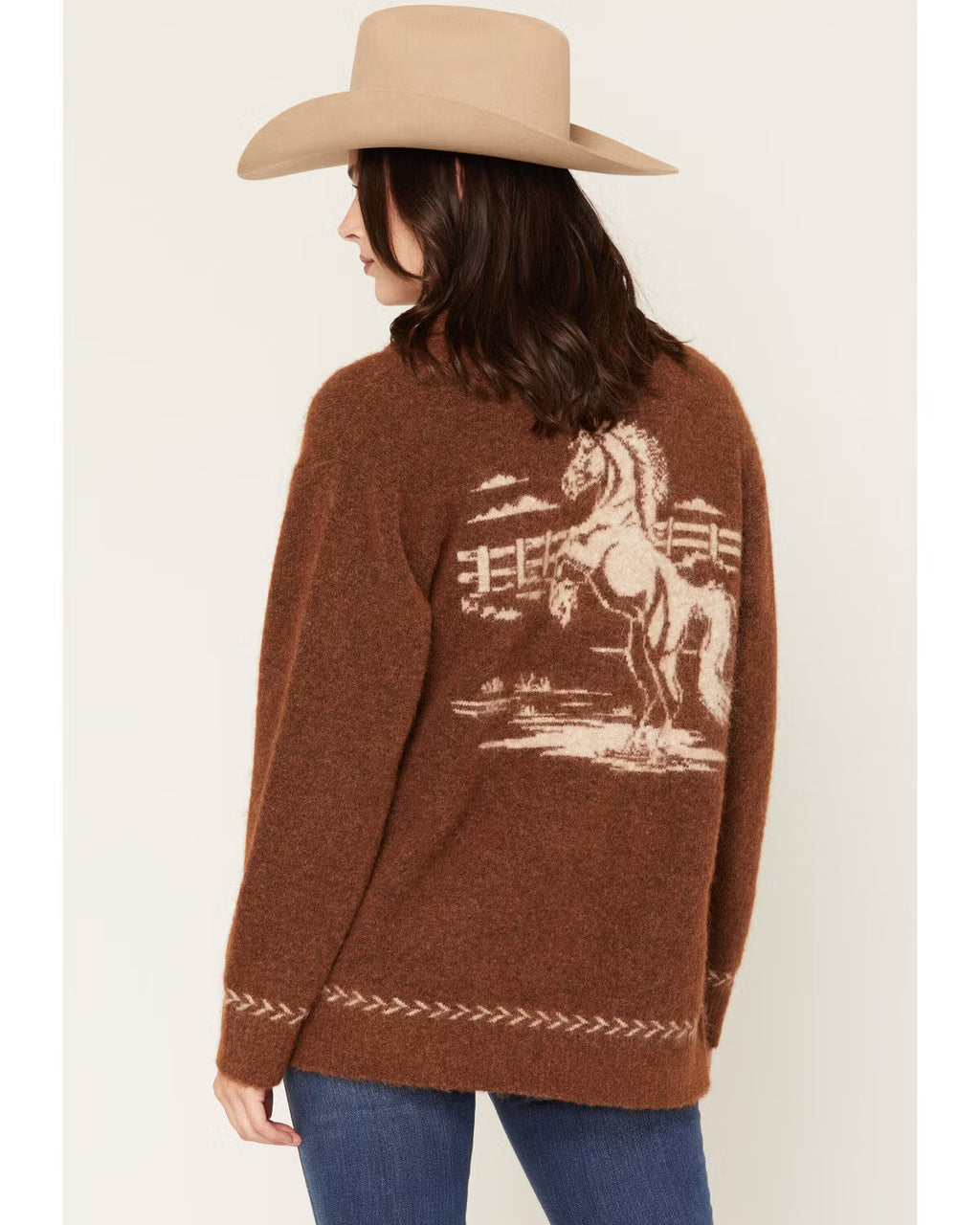 Shyanne Women's Remington Horse Icon Cardigan, Brown, 2XL