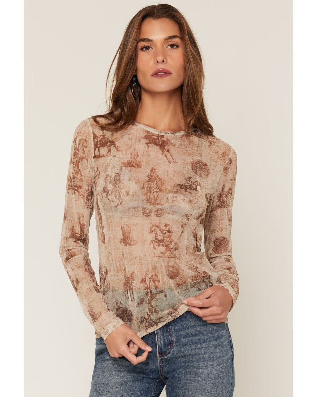 Shyanne Women's Oakvalley Western Print Long Sleeve Mesh Top, Beige (XXL)