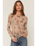 Shyanne Women's Oakvalley Western Print Long Sleeve Mesh Top, Beige (XXL)
