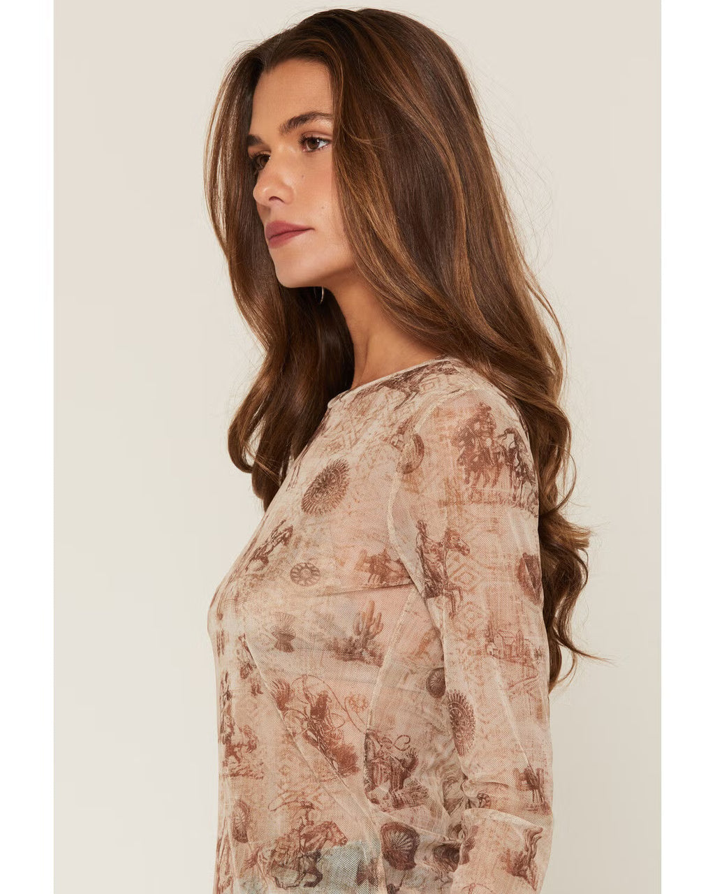 Shyanne Women's Oakvalley Western Print Long Sleeve Mesh Top, Beige (XXL)