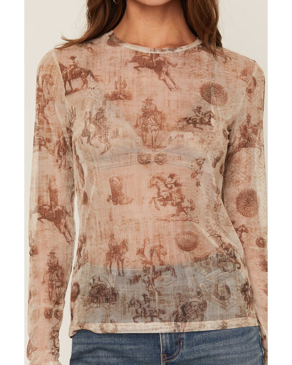 Shyanne Women's Oakvalley Western Print Long Sleeve Mesh Top, Beige (XXL)