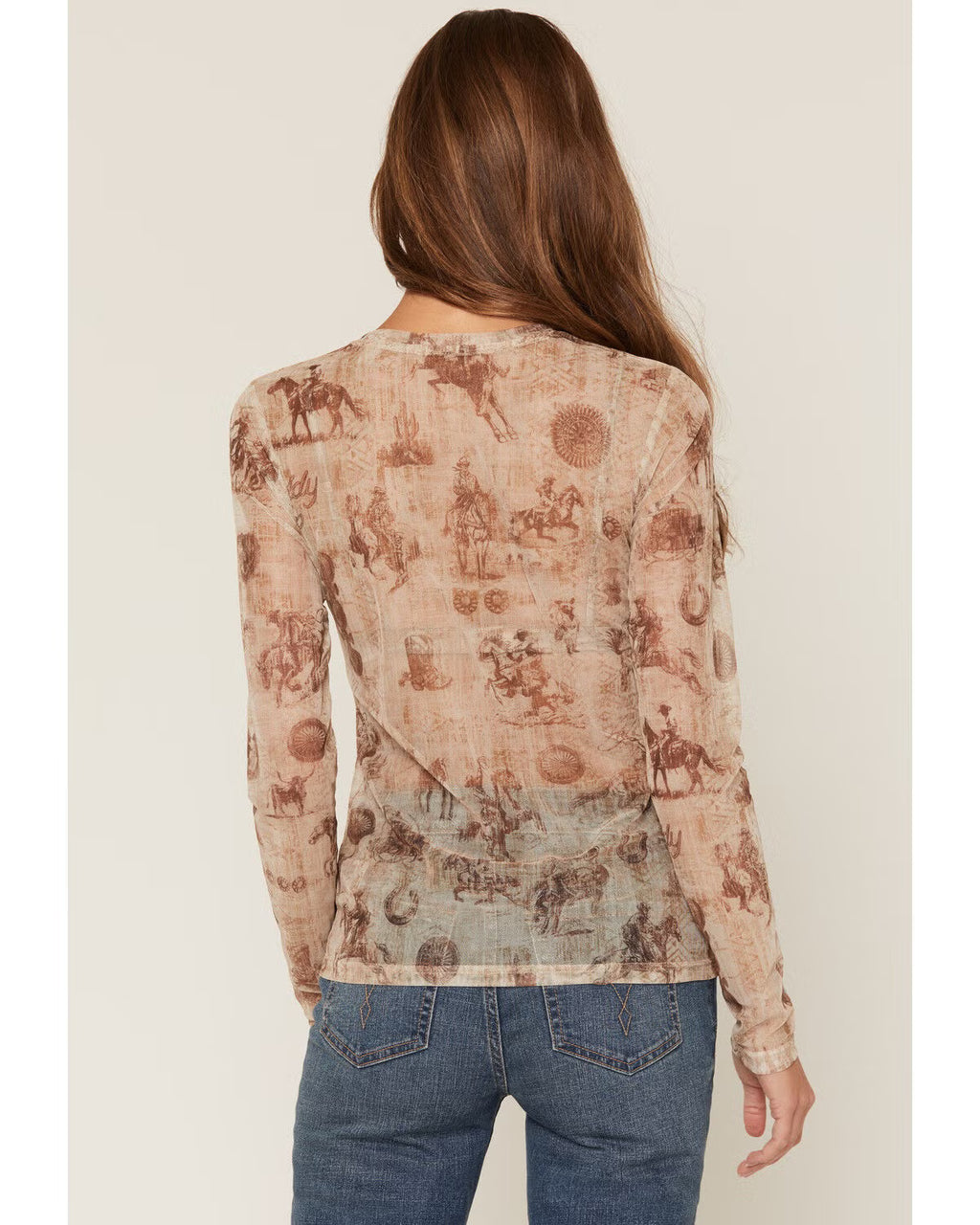 Shyanne Women's Oakvalley Western Print Long Sleeve Mesh Top, Beige (XXL)