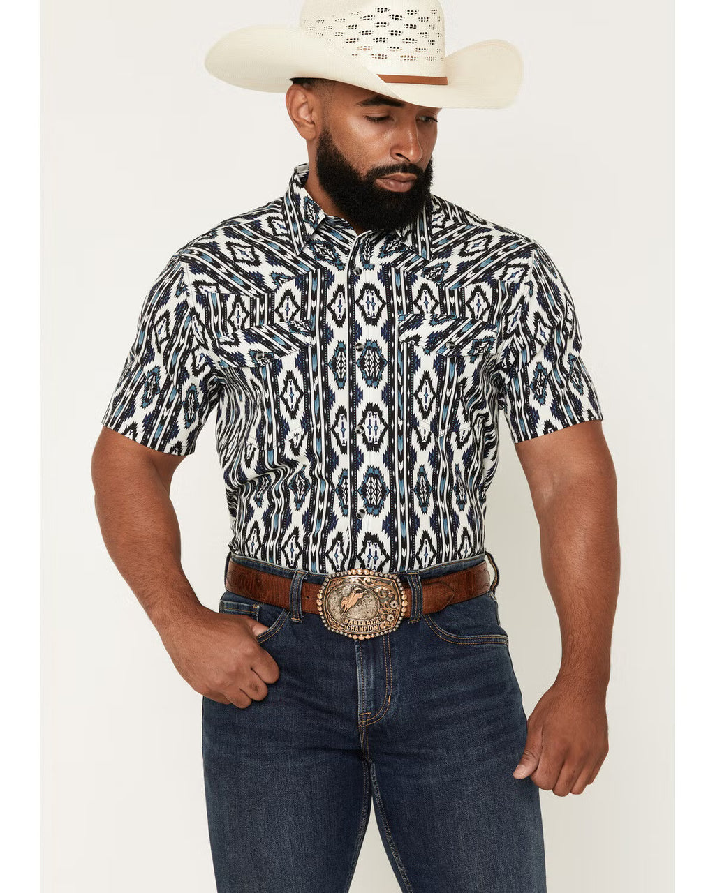 RANK 45® Men's RODEOTEK™ 2.0 8 Seconds Southwestern Print Short Sleeve Snap Stretch Performance Shirt - Blue - XL