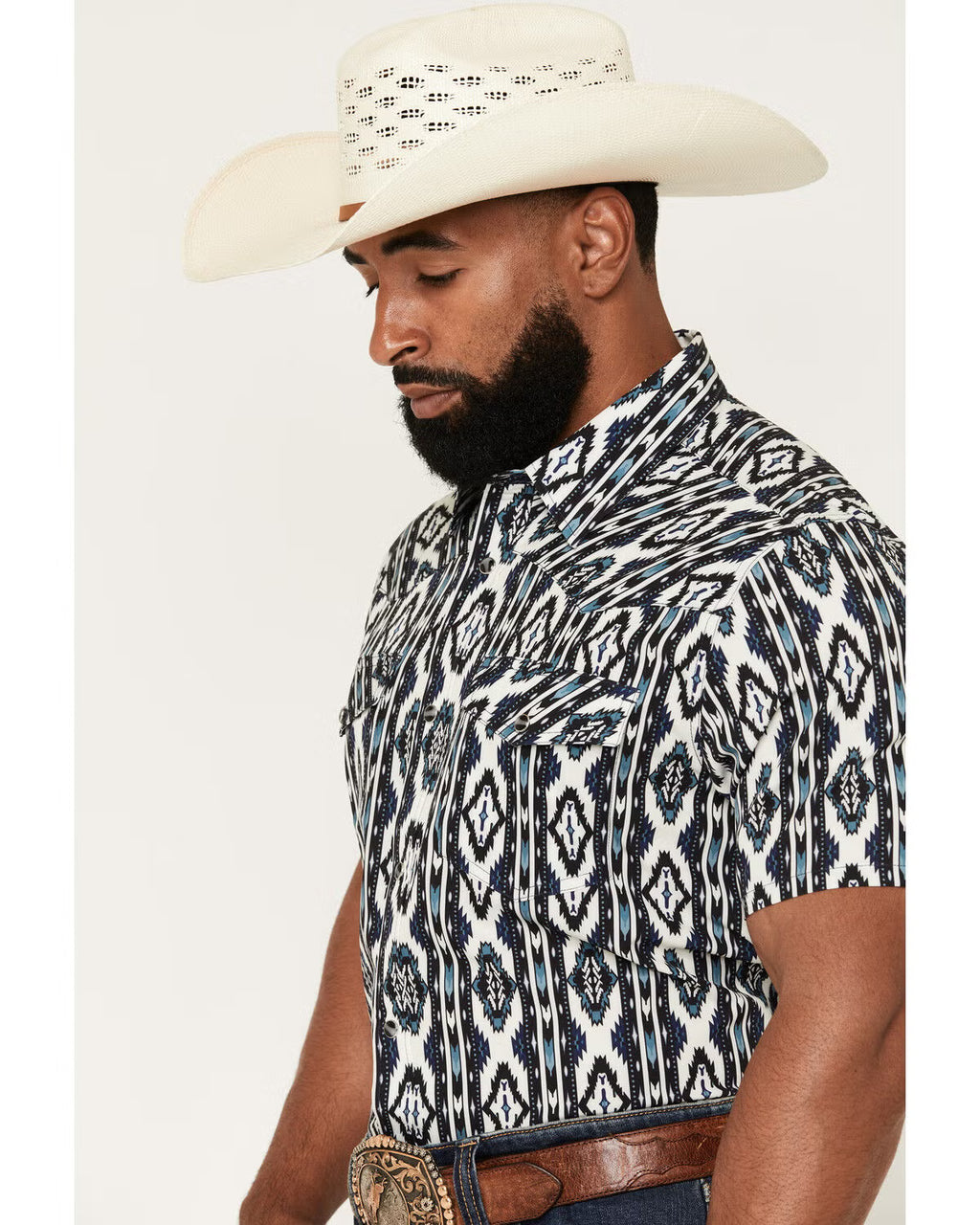 RANK 45® Men's RODEOTEK™ 2.0 8 Seconds Southwestern Print Short Sleeve Snap Stretch Performance Shirt - Blue - XL