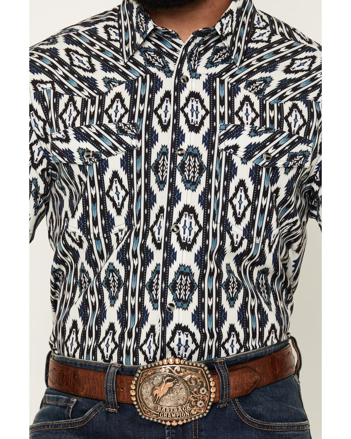 RANK 45® Men's RODEOTEK™ 2.0 8 Seconds Southwestern Print Short Sleeve Snap Stretch Performance Shirt - Blue - XL