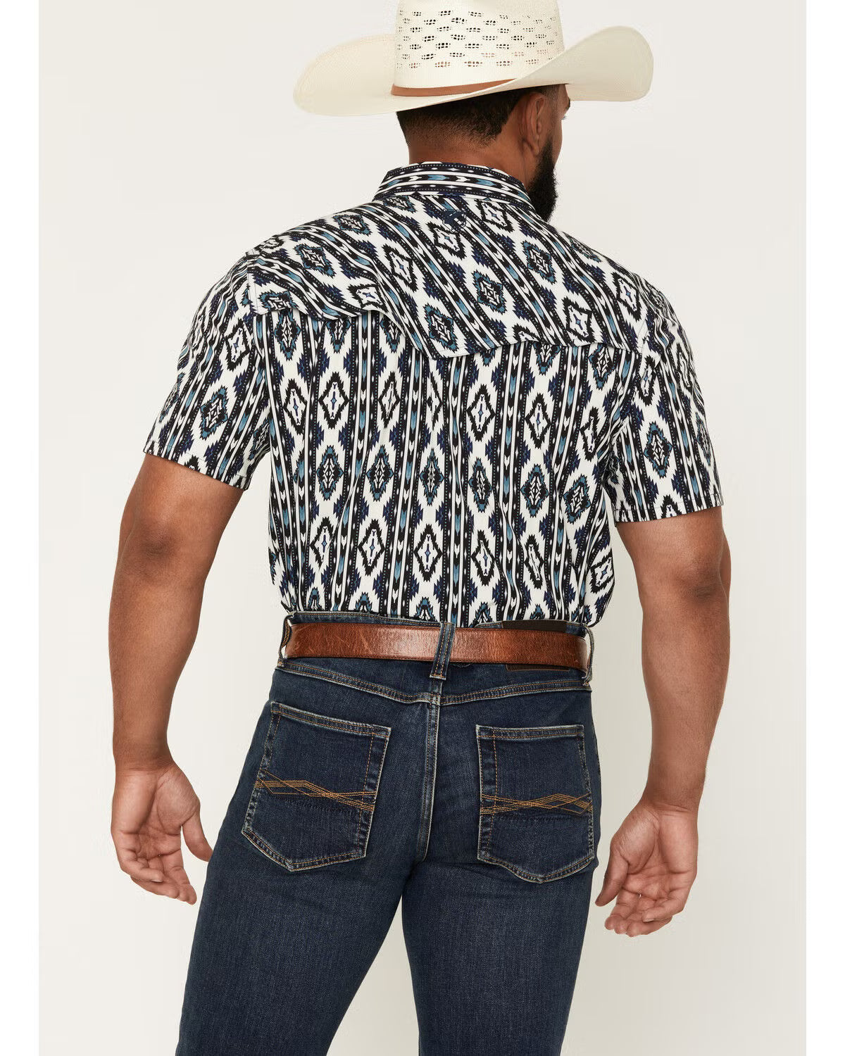 RANK 45® Men's RODEOTEK™ 2.0 8 Seconds Southwestern Print Short Sleeve Snap Stretch Performance Shirt - Blue - XL