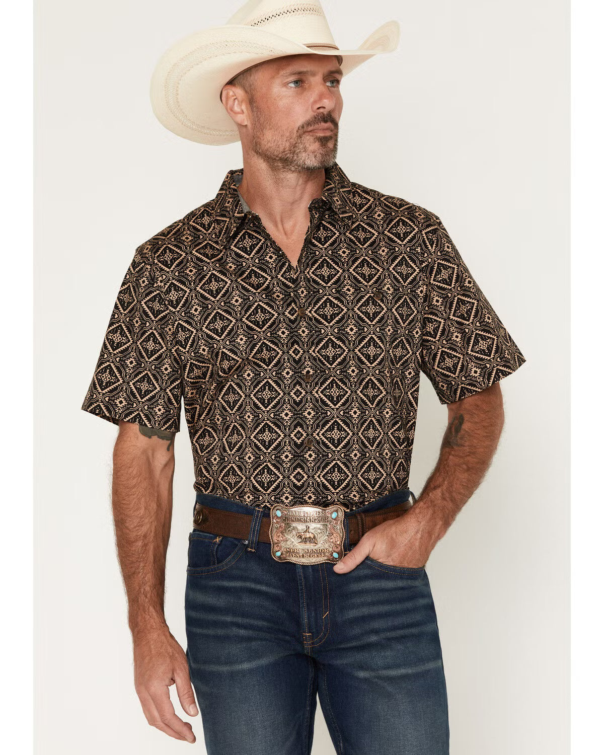 RANK 45 Men's Free Hand Medallion Print Short Sleeve Button-Down Stretch Western Shirt - Black - Small